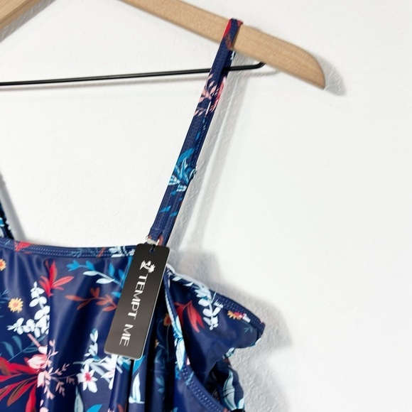 TEMPT ME RUFFLE BIKINI TOP OFF SHOULDER WOMEN SWIM TOP BLUE FLORAL LARGE NEW - Picture 3 of 7